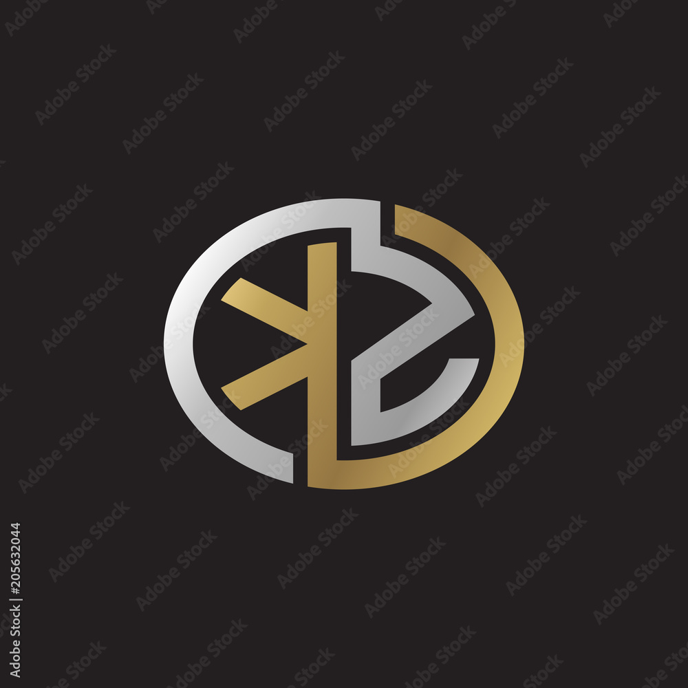 Initial letter KZ, looping line, ellipse shape logo, silver gold color on black background Initial letter KZ, looping line, ellipse shape logo, silver gold color on black background