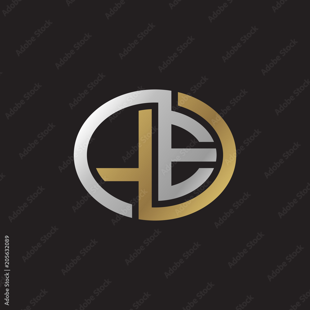 Initial letter LE, looping line, ellipse shape logo, silver gold color on black background Initial letter LE, looping line, ellipse shape logo, silver gold color on black background