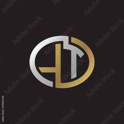 Initial letter LT, looping line, ellipse shape logo, silver gold color on black background