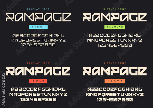 Vector modern display font named Rampage. Light, regular, bold a
