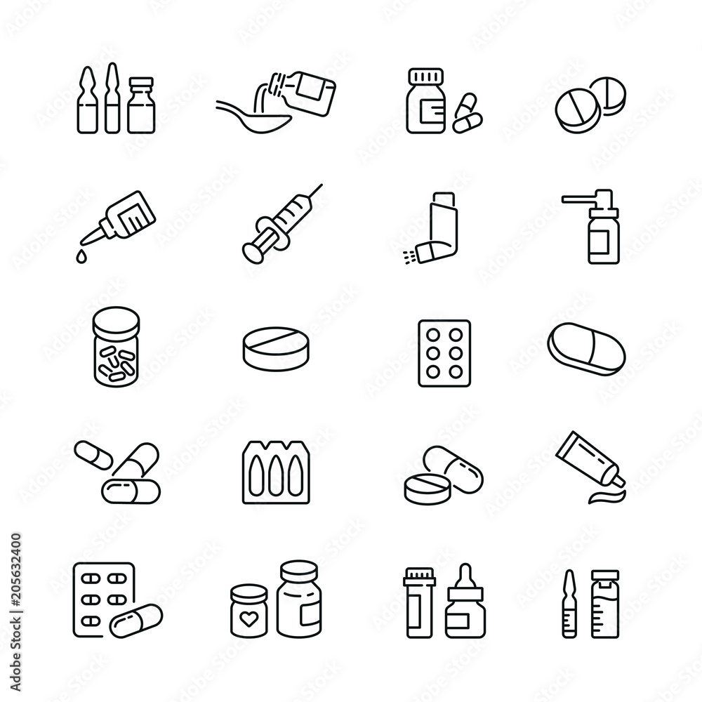 Medicine drugs pills: thin vector icon set, black and white kit