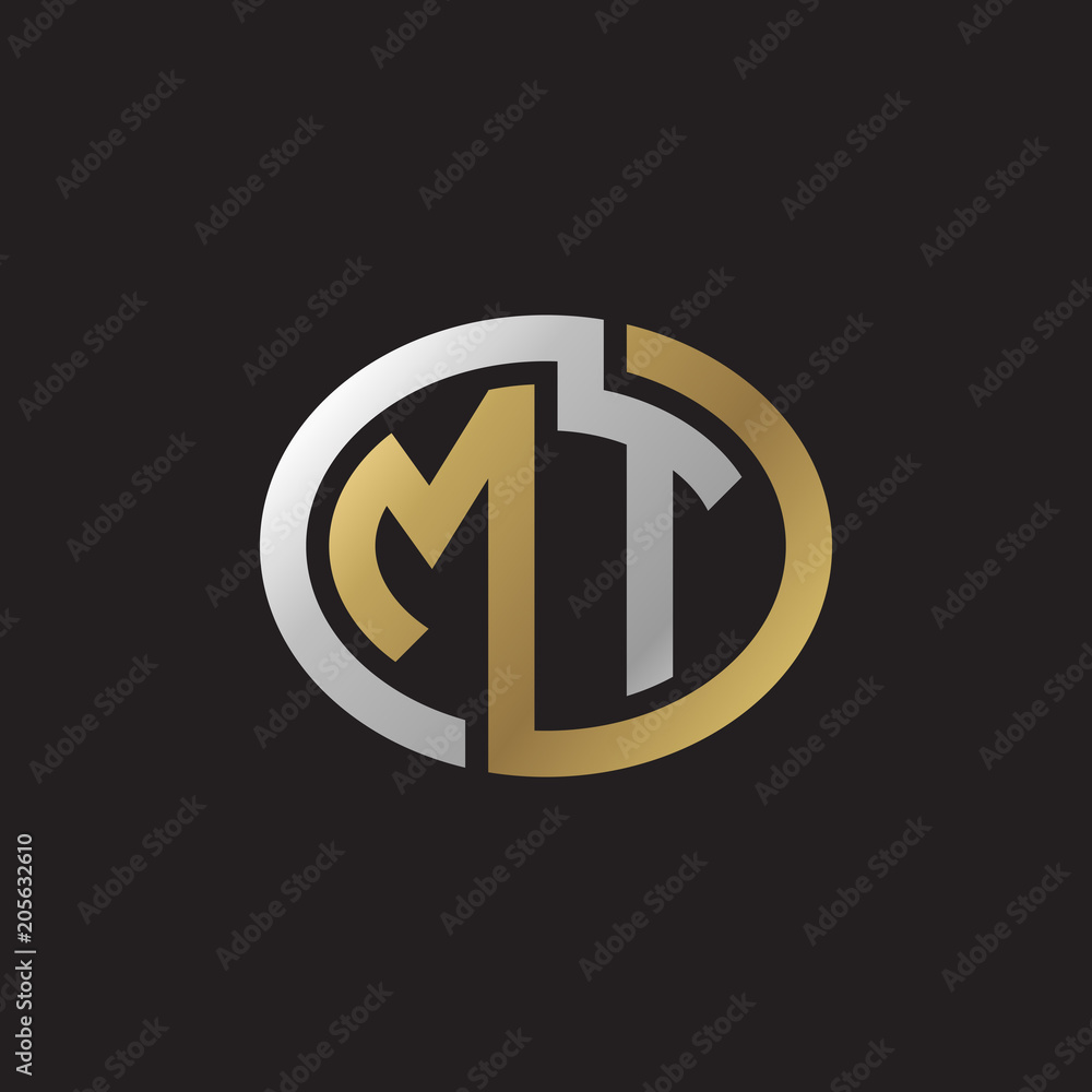 Initial letter MT, looping line, ellipse shape logo, silver gold color on black background Initial letter MT, looping line, ellipse shape logo, silver gold color on black background