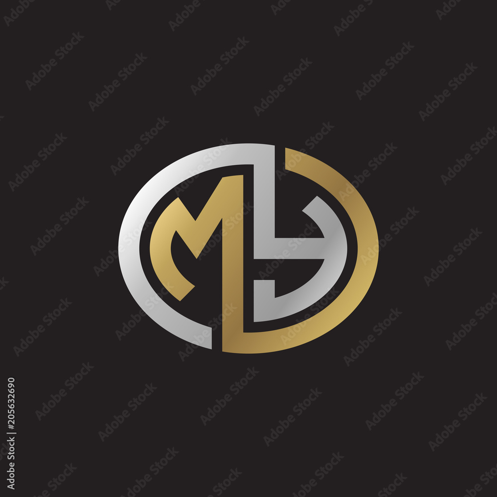 Initial letter MY, looping line, ellipse shape logo, silver gold color on black background Initial letter MY, looping line, ellipse shape logo, silver gold color on black background
