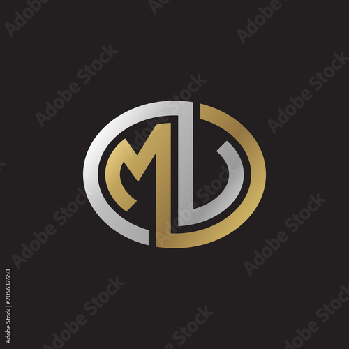 Initial letter MV, MU, looping line, ellipse shape logo, silver gold color on black background