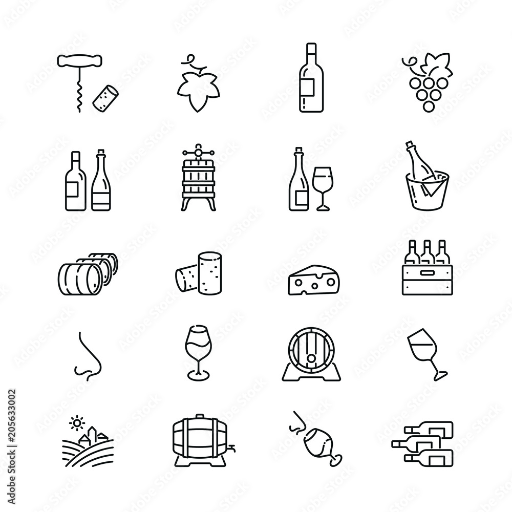 Wine related icons: thin vector icon set, black and white kit Stock ...