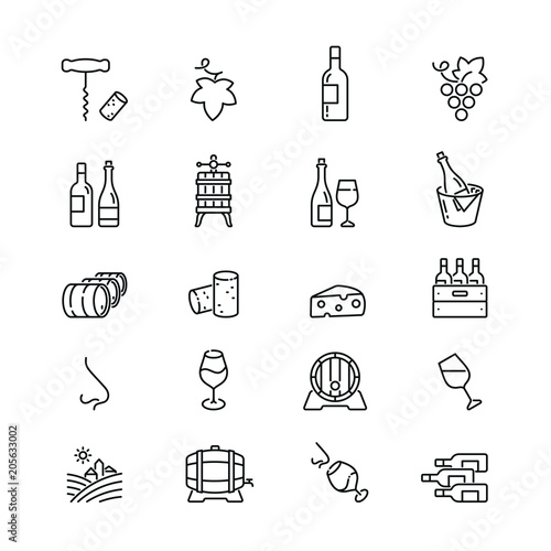 Wine related icons: thin vector icon set, black and white kit