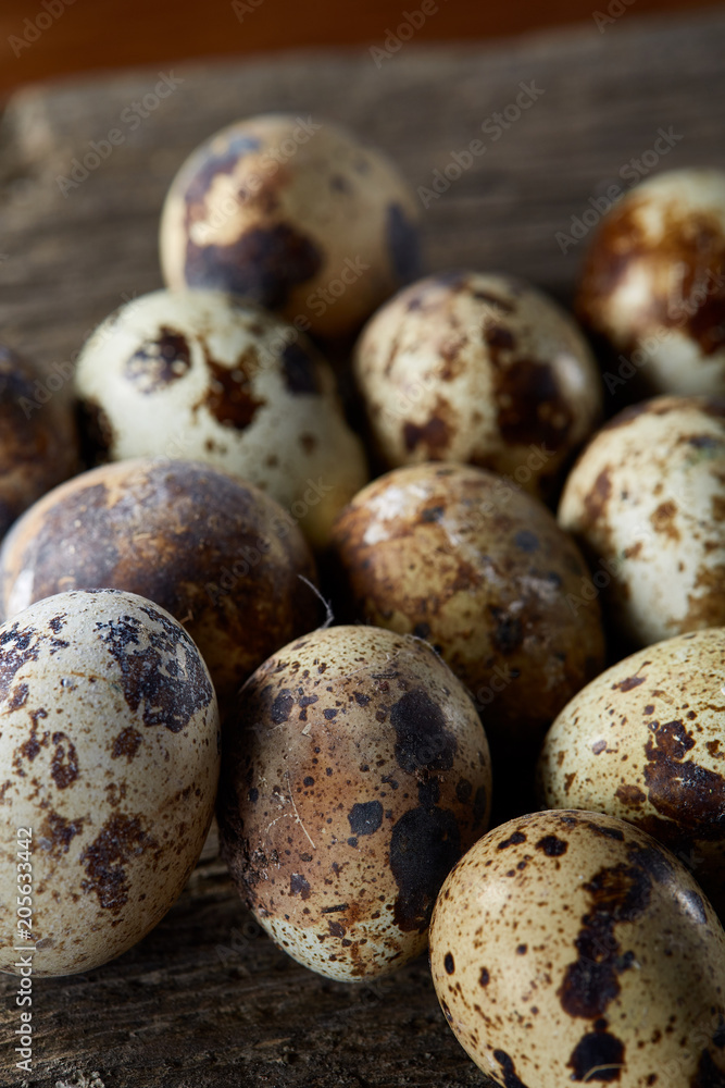 Spotted quail eggs arranged on the background of old wooden boards, with copy-space, selective focus. Spotted quail eggs arranged on the background of old wooden boards, with copy-space, selective focus.