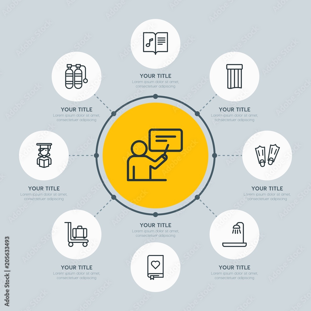 Circle network chart hotel, education, travel infographic template with 8 options for presentations, advertising, annual reports. Circle network chart hotel, education, travel infographic template with 8 options for presentations, advertising, annual reports.