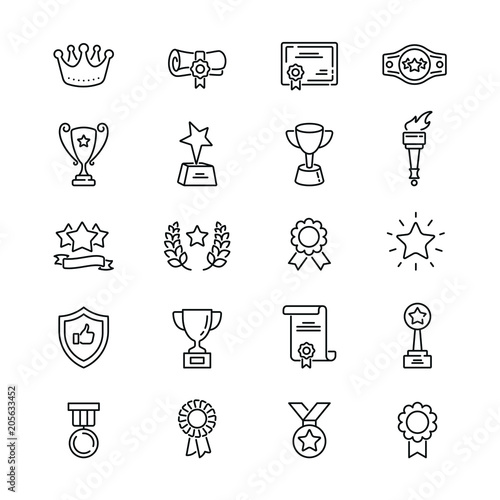 Awards related icons: thin vector icon set, black and white kit