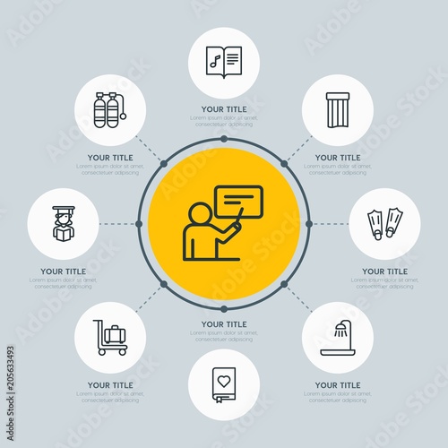 Circle network chart hotel, education, travel infographic template with 8 options for presentations, advertising, annual reports.