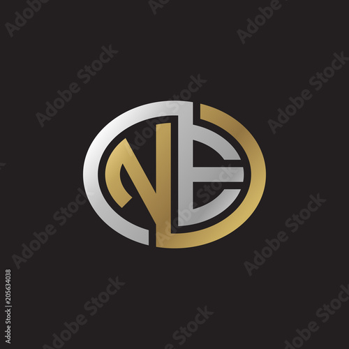 Initial letter NE, looping line, ellipse shape logo, silver gold color on black background