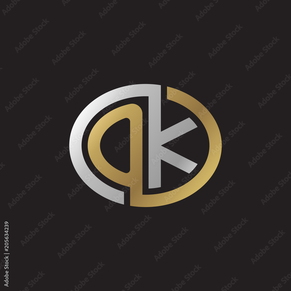Initial letter OK, looping line, ellipse shape logo, silver gold color on black background Initial letter OK, looping line, ellipse shape logo, silver gold color on black background