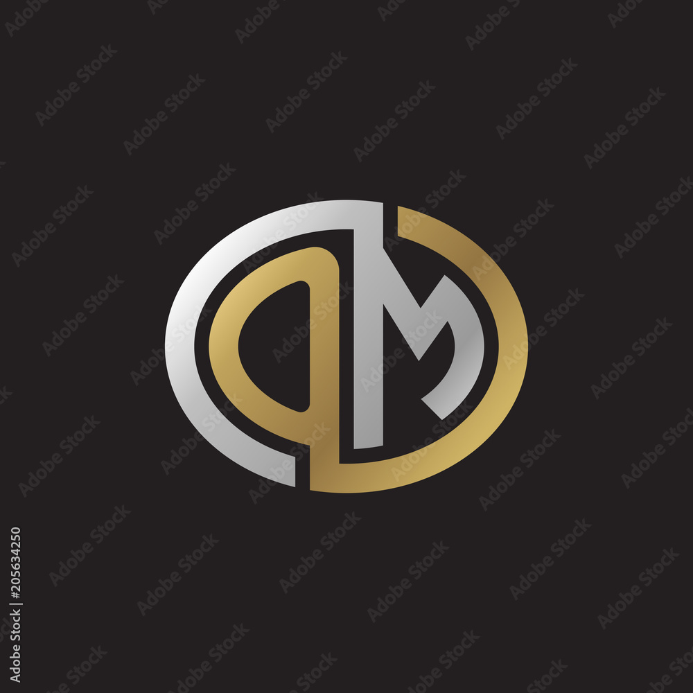 Obraz premium Initial letter OM, looping line, ellipse shape logo, silver gold color on black background