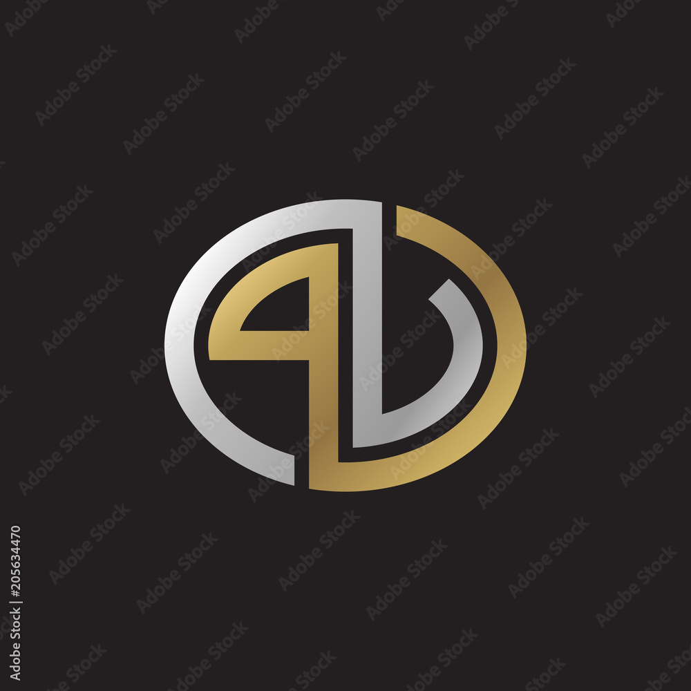 Initial letter PV, PU, looping line, ellipse shape logo, silver gold color on black background Initial letter PV, PU, looping line, ellipse shape logo, silver gold color on black background
