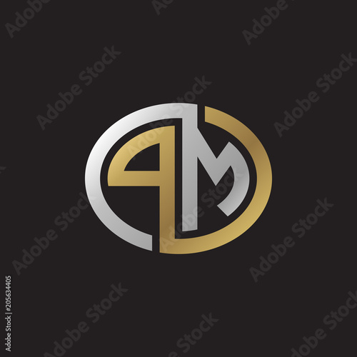 Initial letter PM, looping line, ellipse shape logo, silver gold color on black background