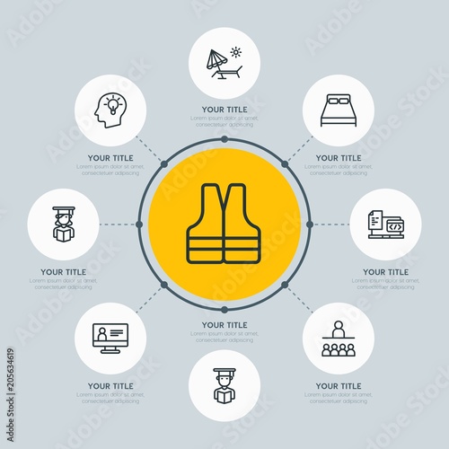 Circle network chart hotel, education, travel infographic template with 8 options for presentations, advertising, annual reports.