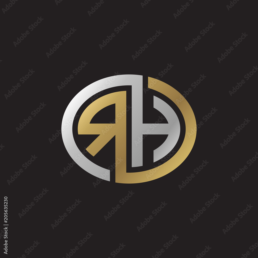 Initial letter RH, looping line, ellipse shape logo, silver gold color on black background Initial letter RH, looping line, ellipse shape logo, silver gold color on black background