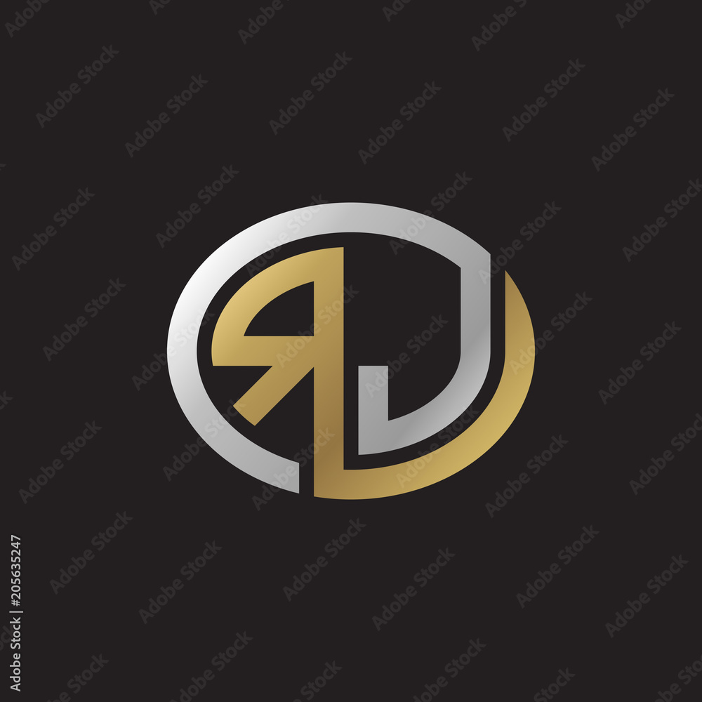 Initial letter RJ, looping line, ellipse shape logo, silver gold color on black background Initial letter RJ, looping line, ellipse shape logo, silver gold color on black background