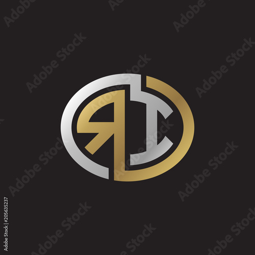 Initial letter RI, looping line, ellipse shape logo, silver gold color on black background