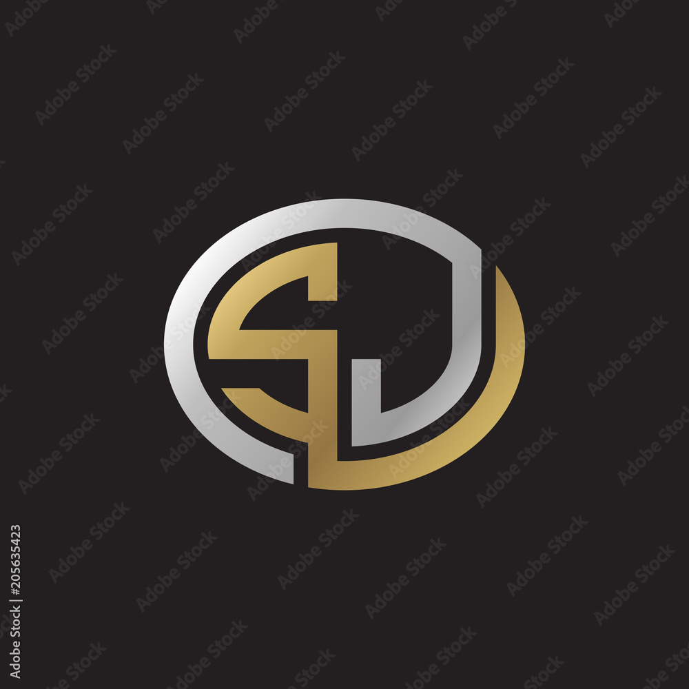 Initial letter SJ, looping line, ellipse shape logo, silver gold color on black background Initial letter SJ, looping line, ellipse shape logo, silver gold color on black background