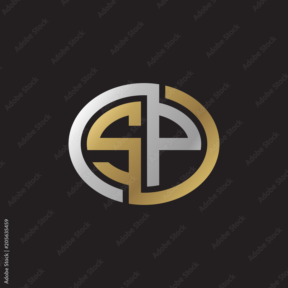 Initial letter SP, looping line, ellipse shape logo, silver gold color on black background Initial letter SP, looping line, ellipse shape logo, silver gold color on black background