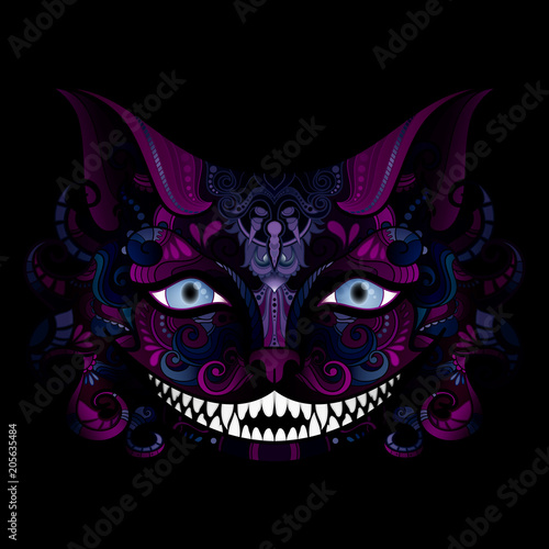 Vector Cheshire Cat Grin. Isolated Fictional Animal On Black Background