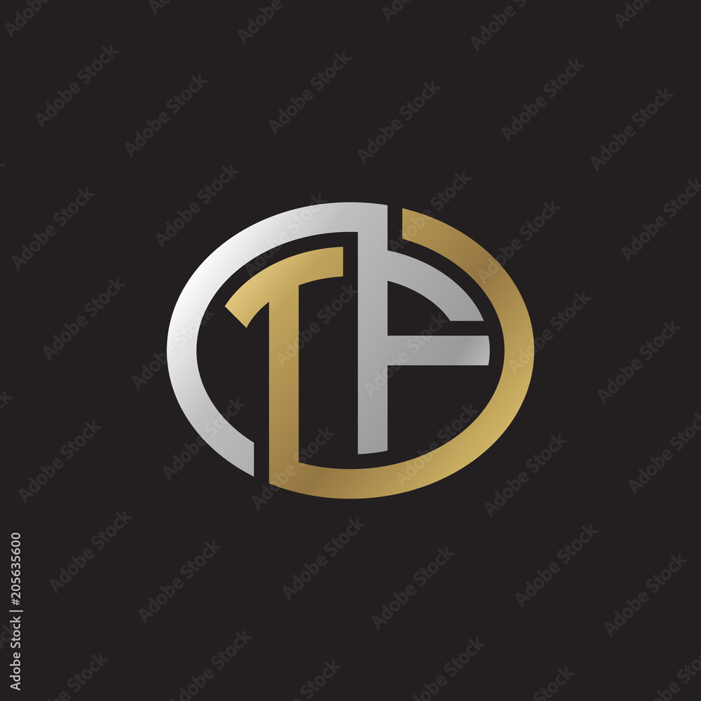 Initial letter TF, looping line, ellipse shape logo, silver gold color on black background Initial letter TF, looping line, ellipse shape logo, silver gold color on black background