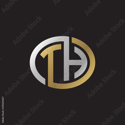 Initial letter TH, looping line, ellipse shape logo, silver gold color on black background