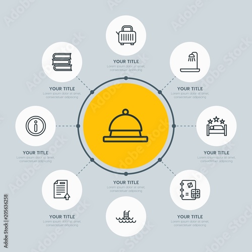 Circle network chart hotel, education, travel infographic template with 8 options for presentations, advertising, annual reports.