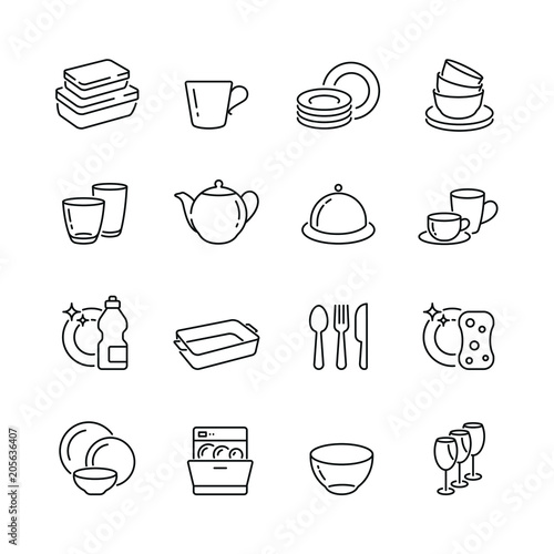 Dish and plates related icons: thin vector icon set, black and white kit