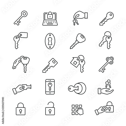 Key and lock related icons: thin vector icon set, black and white kit