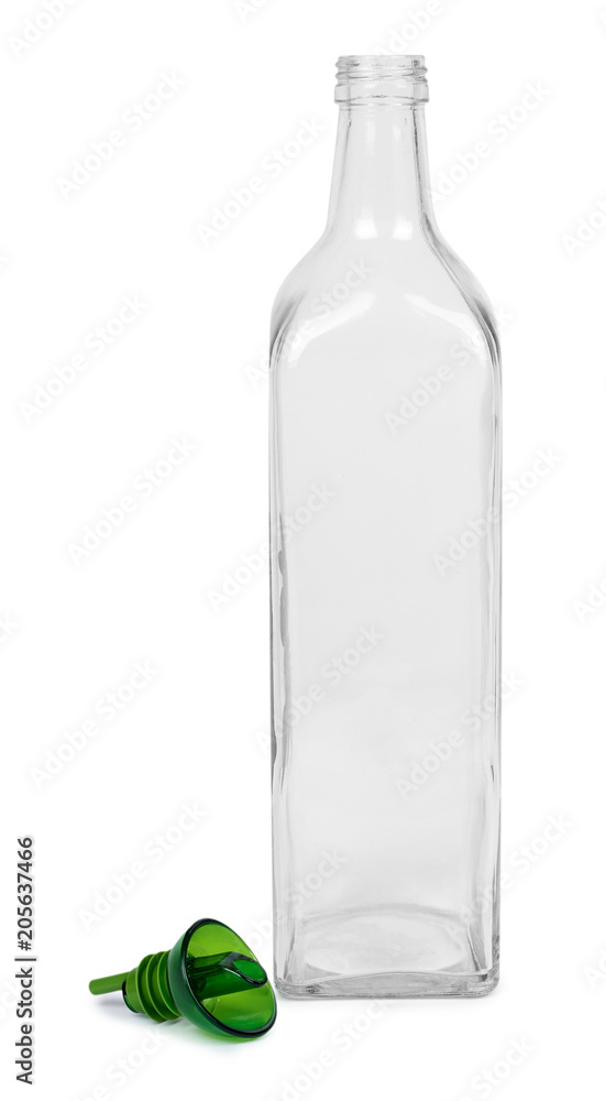 Empty transparent glass oil dispenser isolated on white background Empty transparent glass oil dispenser isolated on white background