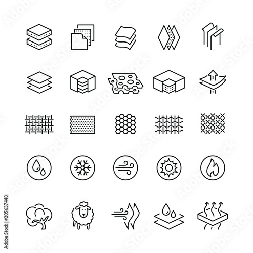 Fabrics and layered material related icons: thin vector icon set, black and white kit