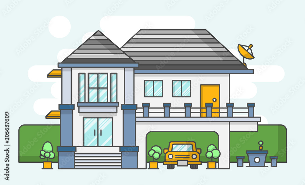 Modern house . Outline style and flat color design . Vector