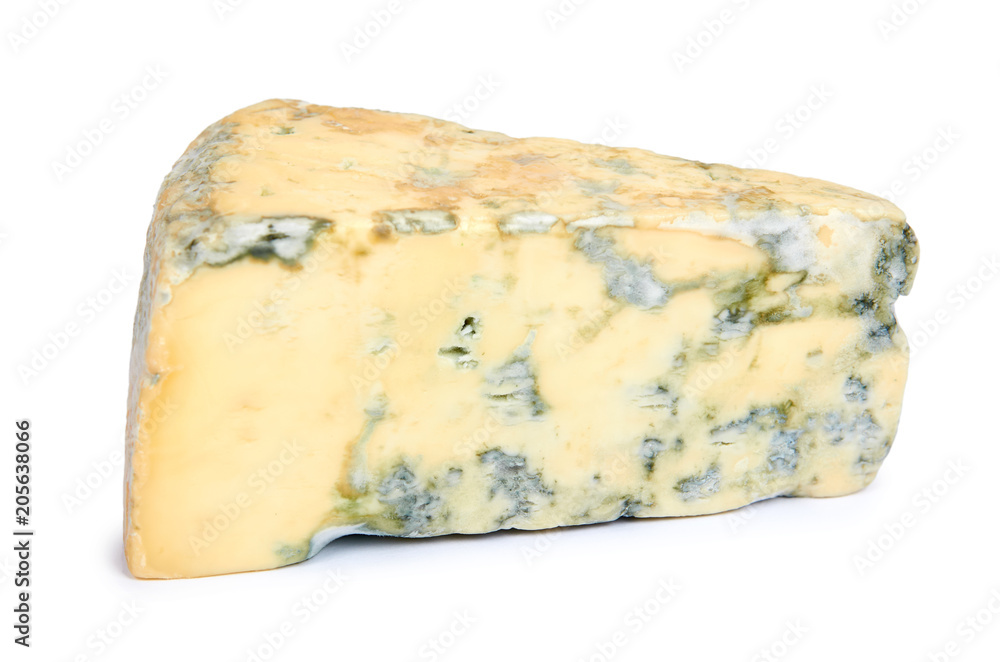 Piece of milky blue cheese, isolated on white background