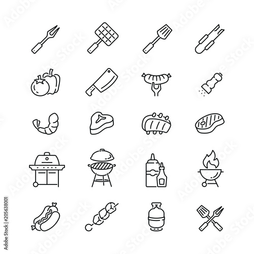 Barbecue related icons: thin vector icon set, black and white kit