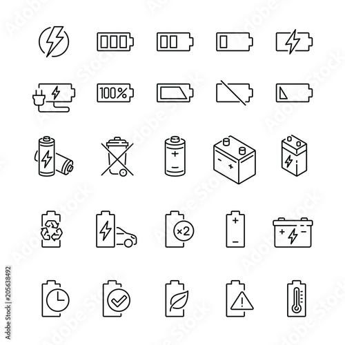 Batteries related icons: thin vector icon set, black and white kit