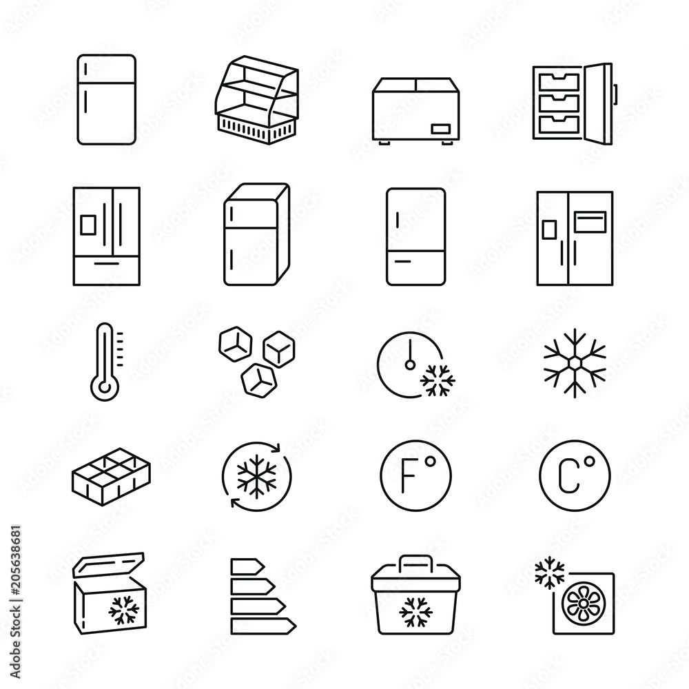 Fridge related icons: thin vector icon set, black and white kit Stock ...