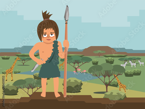 caveman hunter on savannah landscape background