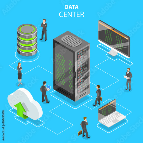 Flat isometric vector concept of data center, cloud storage, secure server database, hosting, file service.