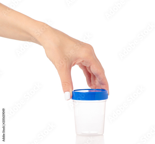 Plastic container with urine analysis on white background isolation