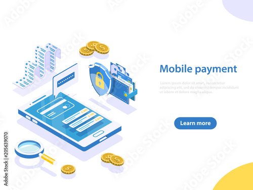 Flat isometric vector concept of online payment, shopping, receipt, money transfer, mobile wallet.
