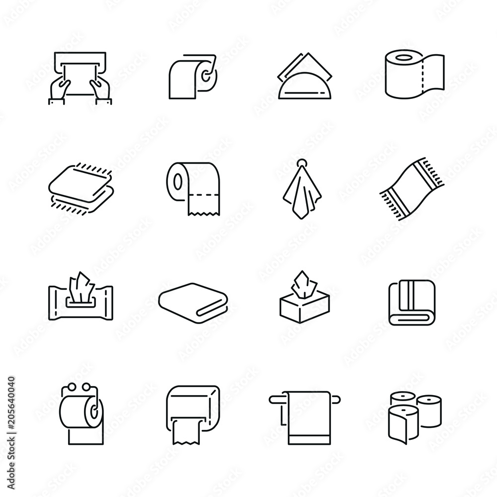 Towels and napkins related icons: thin vector icon set, black and white kit