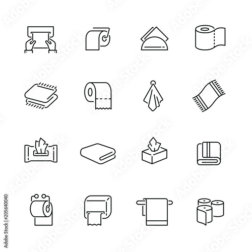 Towels and napkins related icons: thin vector icon set, black and white kit photo