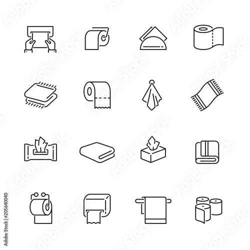 Towels and napkins related icons: thin vector icon set, black and white kit