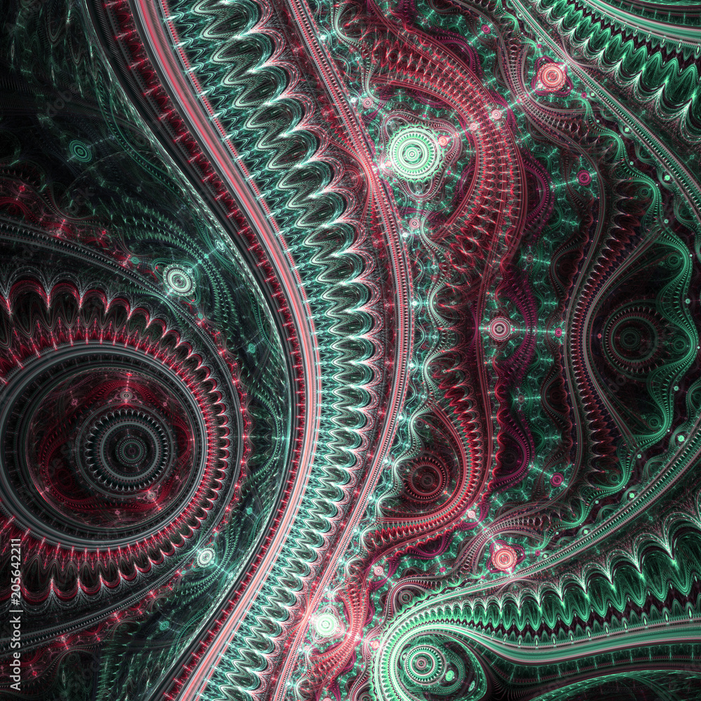 Green and red fractal clockwork, digital artwork for creative graphic design Green and red fractal clockwork, digital artwork for creative graphic design