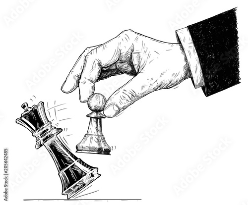 Vector artistic pen and ink drawing illustration of hand holding chess pawn figure and knocking down the king. Business concept of checkmate strategy and game.