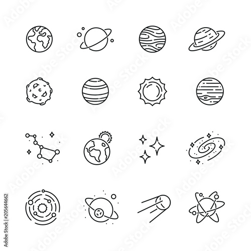 Space and planets related icons: thin vector icon set, black and white kit