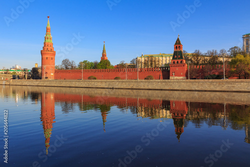 View of Moscow Kremlin and Moskva river on a sunny spring morning