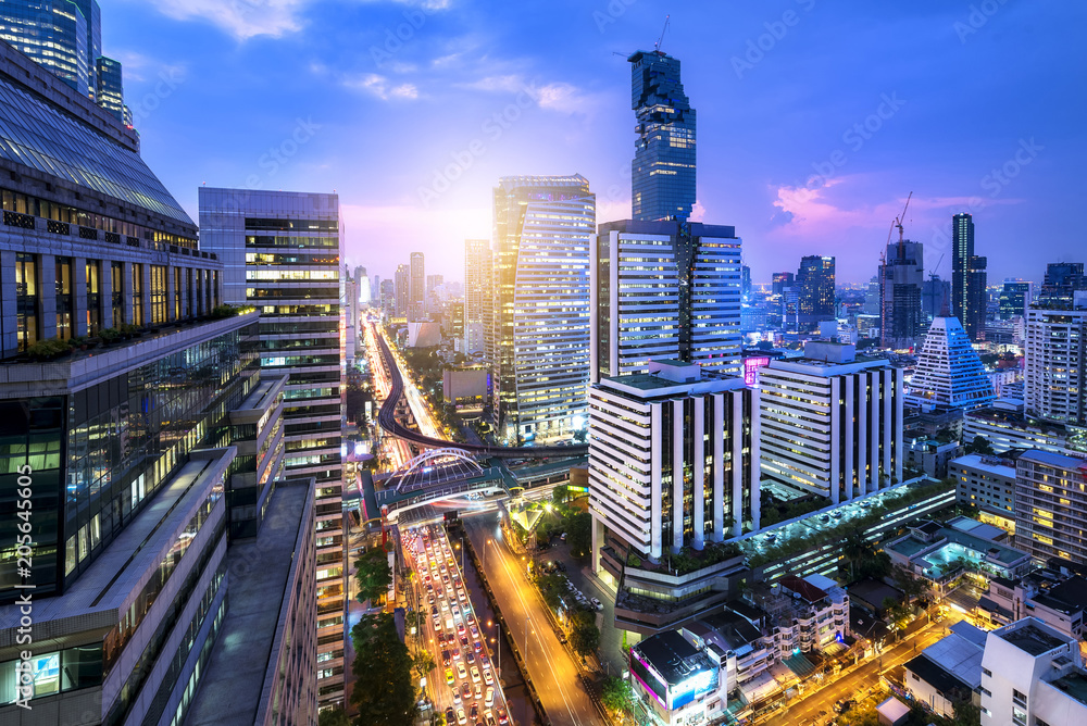 Fototapeta premium Top view of sathorn junction at Bangkok, Thailand. Bridge link between mrt and bts mass transportation of bangkok